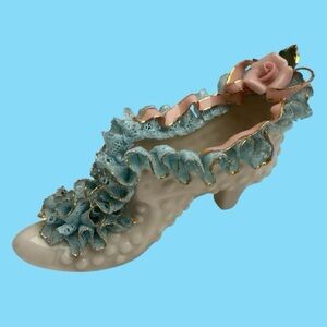 Vintage Porcelain Decorative Shoe Slipper Pink Roses Hobnail Mid-Century 50s